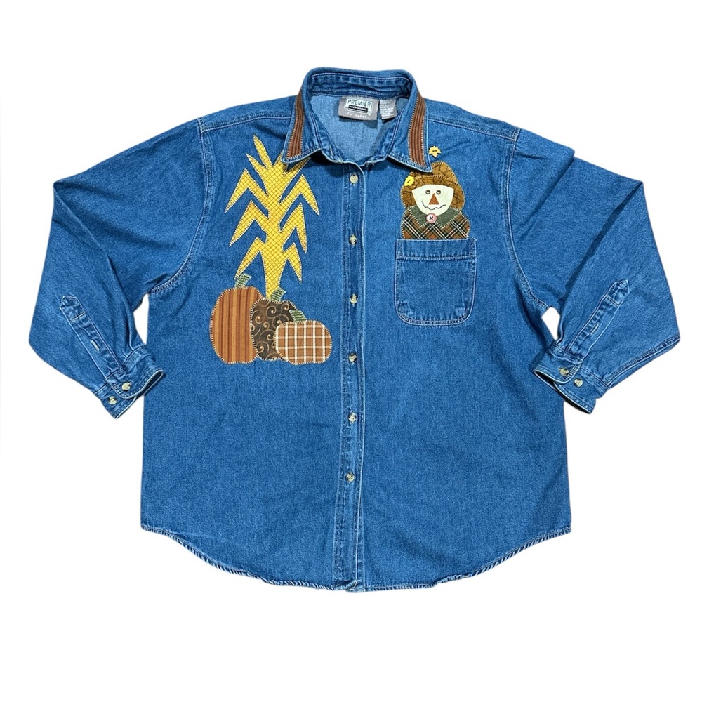 PREMIER INTERNATIONALS women 100% Cotton Fall Denim Patchwork Top size Large